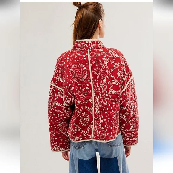 Free People Red and White Bomber Jacket - Picture 3 of 10